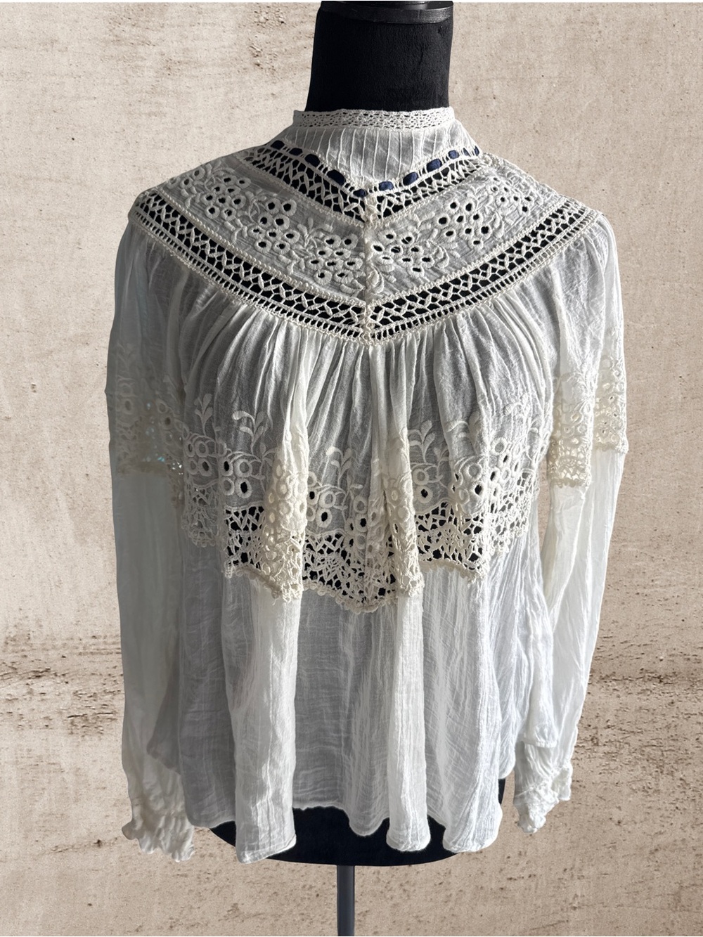 Free People Victorian Style White Crochet Lace Peasant Blouse